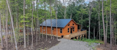 A cabin with a gravel driveway, surrounded by trees.