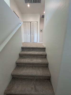 Uma escadaria com carpete que leva a um quarto com uma porta e um quadro na parede.