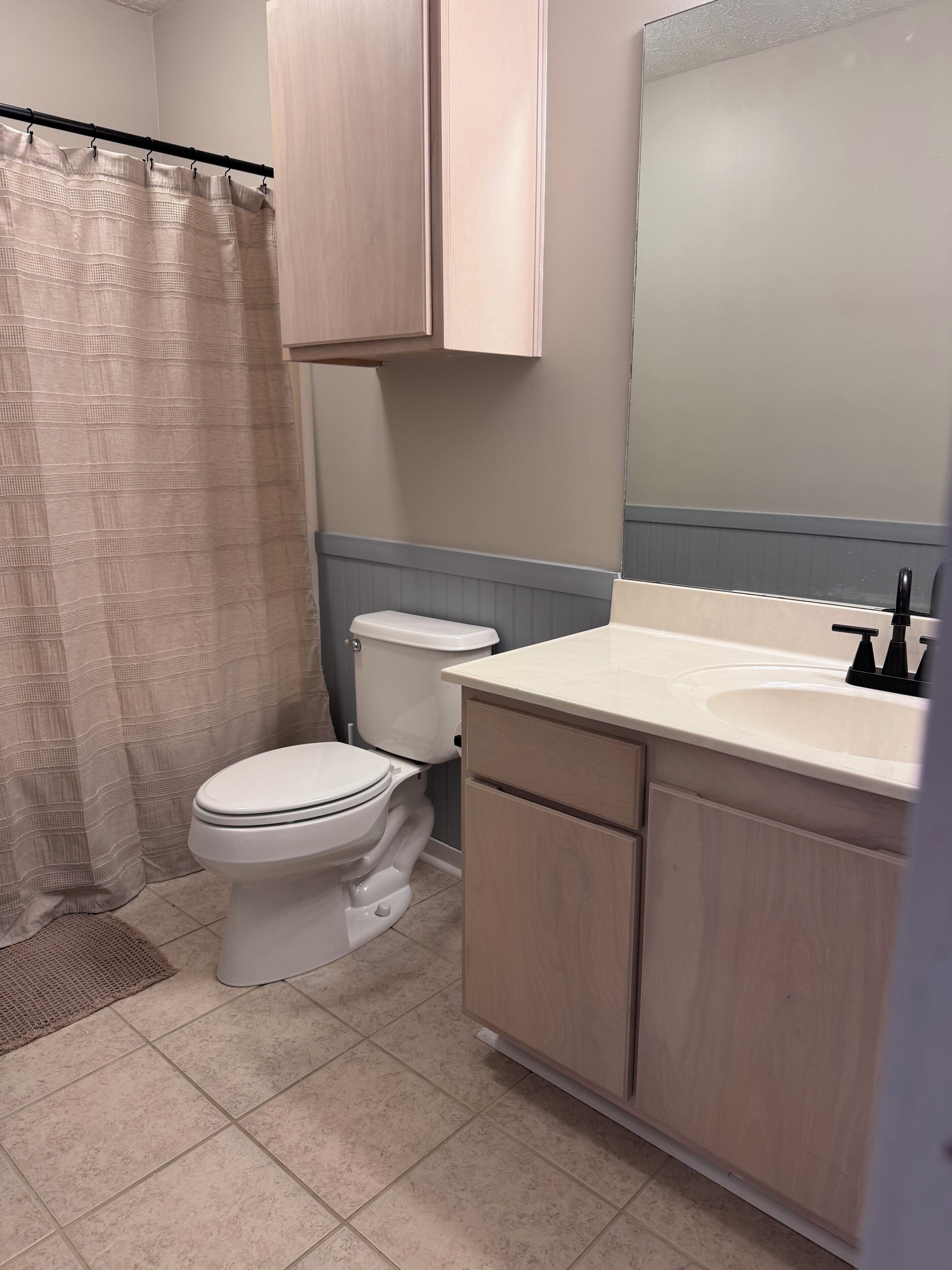 Un baño con inodoro, lavamanos y espejo.