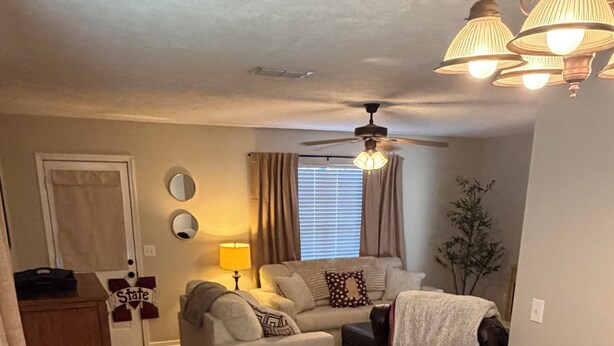 A compact living space with a dining area, a sofa set, a ceiling fan, and a small plant on the table.