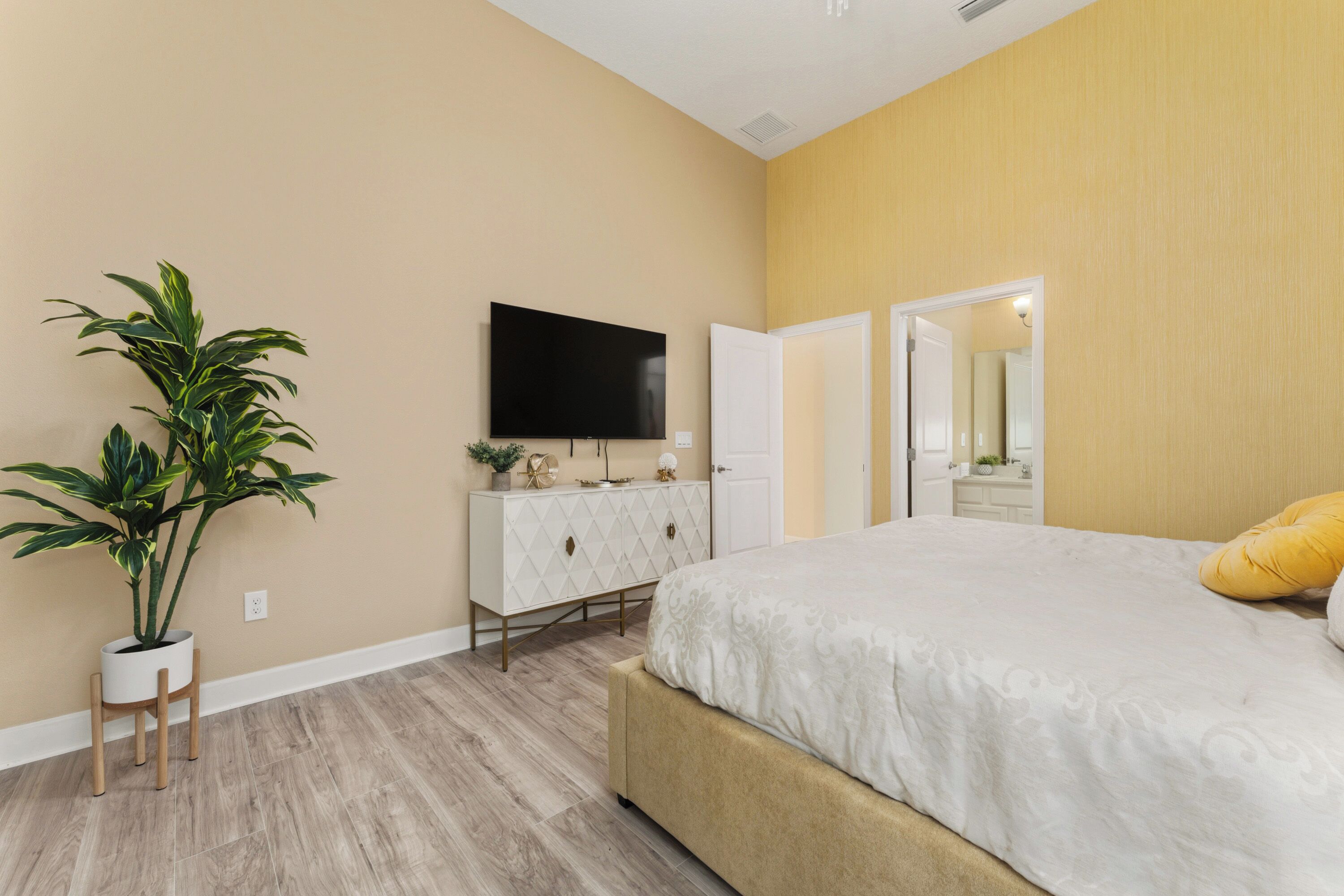 Une chambre à coucher comprenant un lit, une télévision, une commode, une plante et une porte donnant sur une autre pièce.