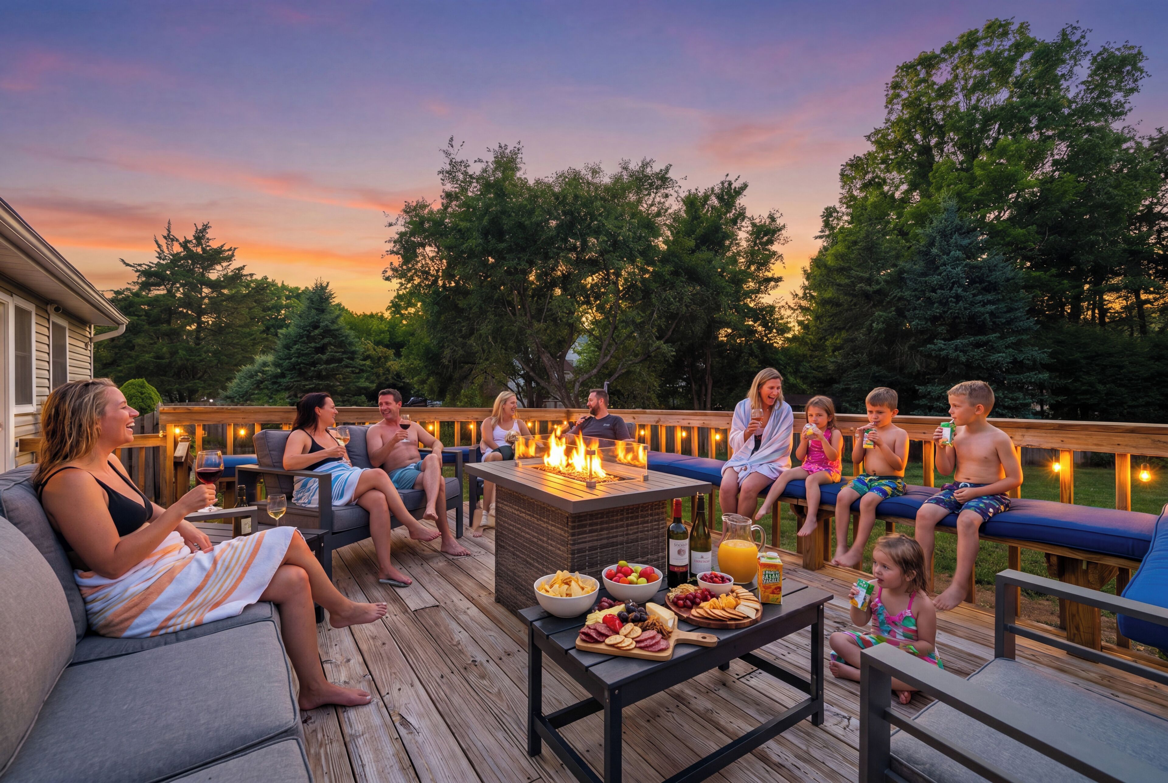 A deck with outdoor seating and a fire feature, surrounded by trees.