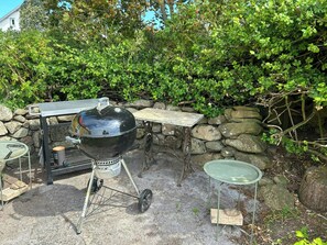 Ein Grill mit Tisch und Stühlen vor einer Steinwand, umgeben von viel Grün.