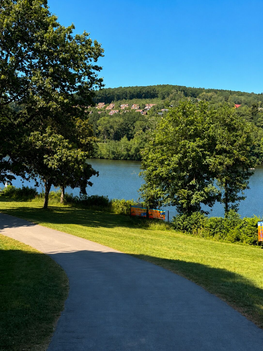 A paved path leading to a lake with trees and a distant view of houses.