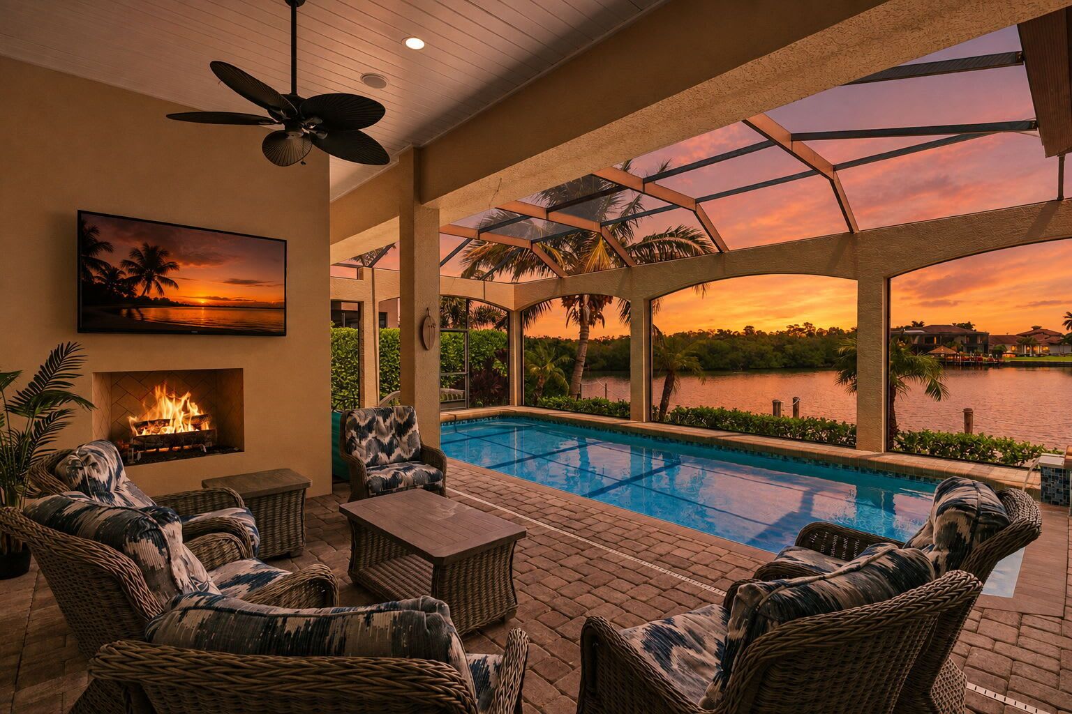 A poolside area with wicker furniture, a fireplace, and a view of a lake at sunset.