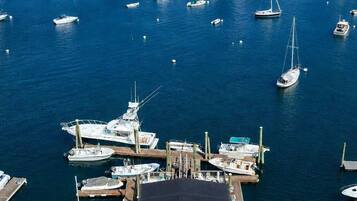 A marina with multiple boats docked, a wooden pier, and a building with a flat roof.