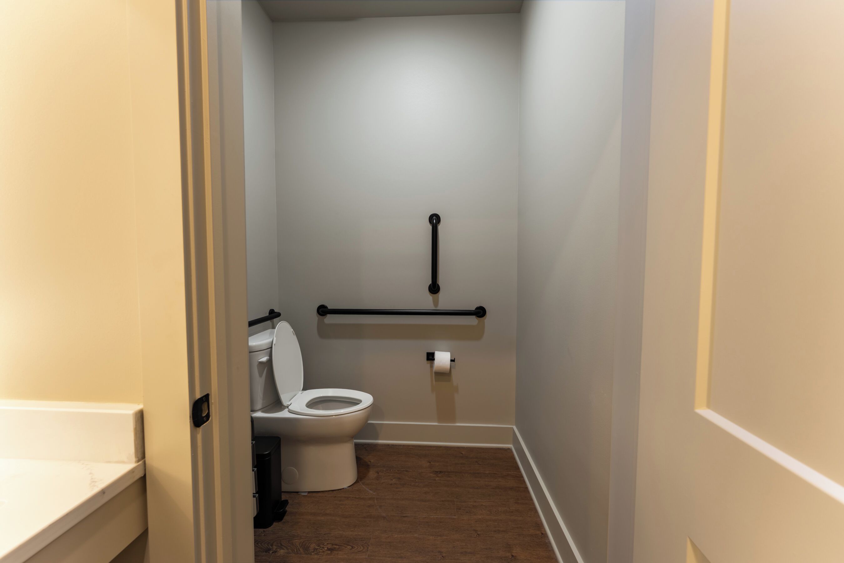 Ein schmales Badezimmer mit Toilette, Handläufe und einer Toilettenpapierrolle an der Wand.