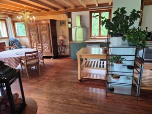 Um interior em madeira com uma mesa de jantar, cadeiras, um candelabro, uma área de cozinha e plantas em vasos.