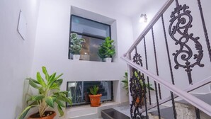 Una escalera con barandales de metal ornamentados, plantas en macetas en el rellano y una ventana arriba.
