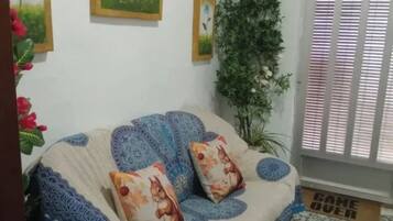 A room with a blue patterned sofa, two matching cushions, a potted plant, and a window with blinds.
