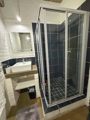 Ein Badezimmer mit Duschkabine, Waschbecken und Spiegel.
