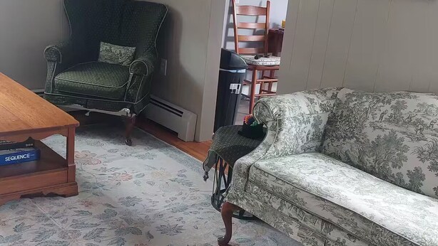 Ein Wohnzimmer mit einem gemusterten Teppich, einer Couch, einem Sessel und einem Couchtisch.