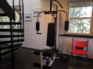 A gym with a pull-up bar, weight bench, and a window with a view of trees. - Retromoderninthewoods steps from the best trails in the Linville gorge wildernes (Newland)