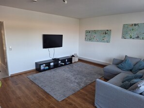 Ein Wohnzimmer mit grauem Sofa, einem Flachbildfernseher an der Wand, einem grauen Teppich und Holzboden.