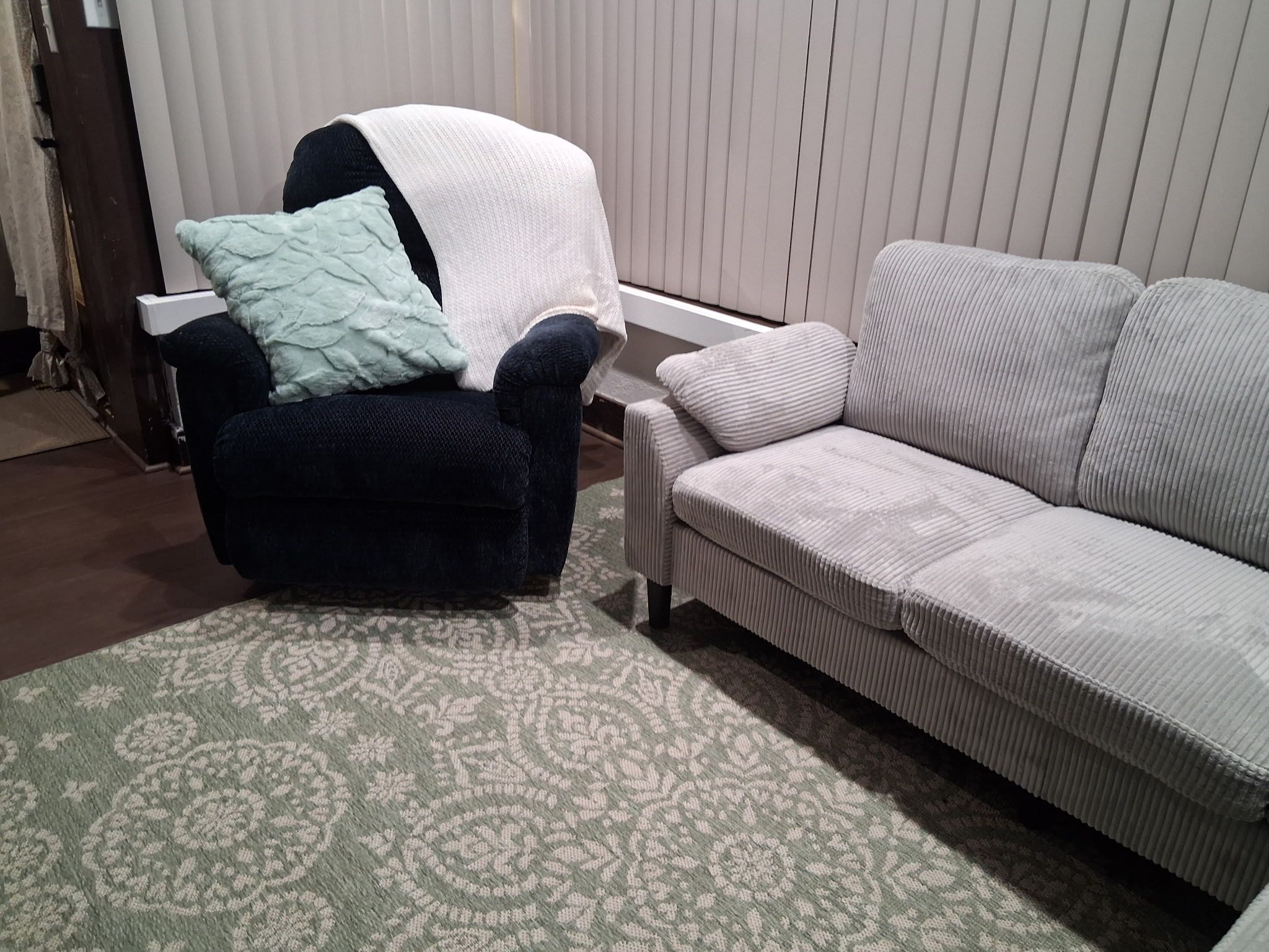 Ein Wohnzimmer mit einem dunklen Sessel, einem hellen Sofa und einem gemusterten Teppich.