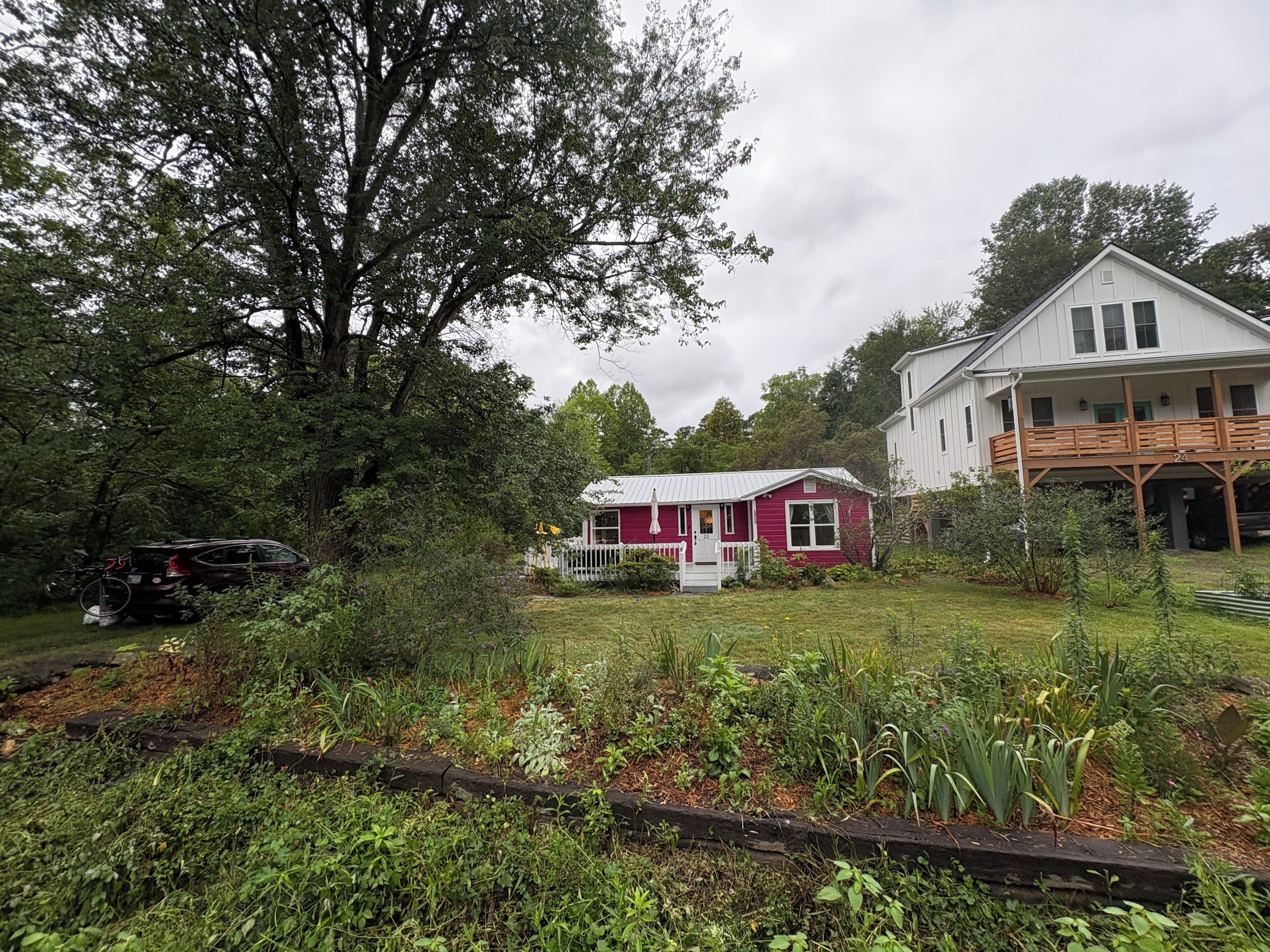 A house with a white exterior and a red front, surrounded by a garden with various plants and a large tree.