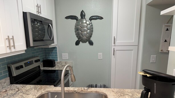 Eine Küche mit einem Edelstahl-Spülbecken, einem schwarzen Slow-Cooker und einer an der Wand befestigten Schildkröten-Dekoration.