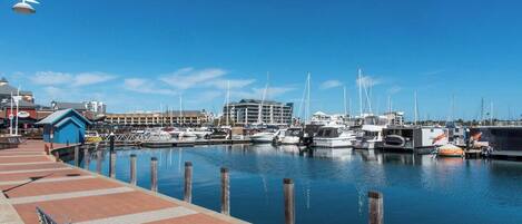 A marina with boats docked, a blue building, and a bench on a brick walkway.