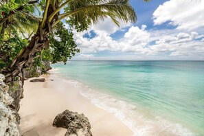 A beach with clear turquoise water, a sandy shore, and a palm tree. - Portobello Villa | Contemporary Beachfront Luxury on Barbados’ West Coast (St James)