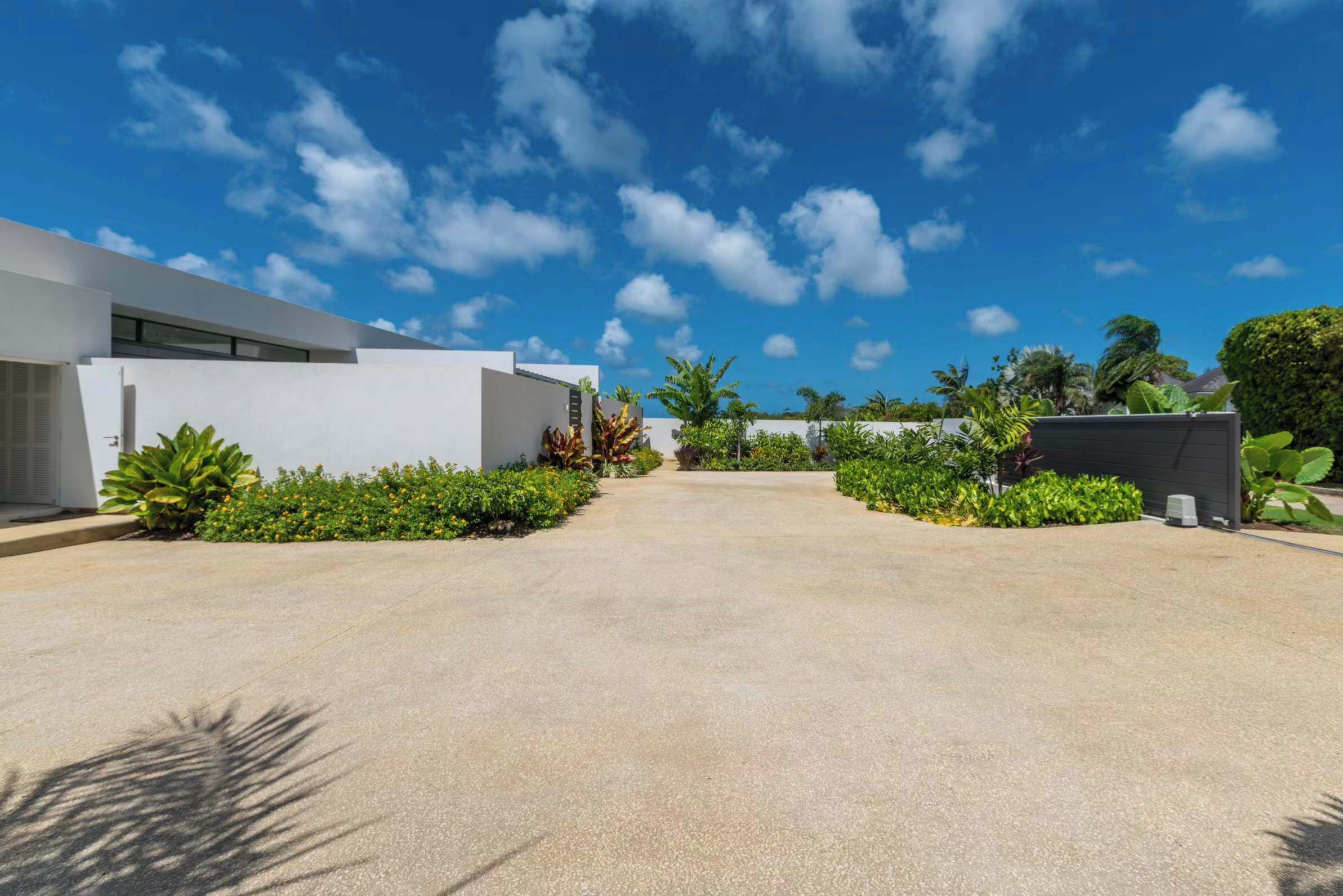 A modern building with a paved driveway, surrounded by tropical plants and a clear blue sky.