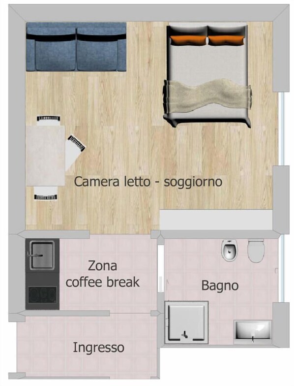 Un plan d’aménagement de chambre d’hôtel comprenant un lit, un coin salon, un espace détente pour prendre un café, une salle de bain et une entrée.