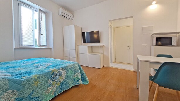 A room with a bed, a desk, a chair, a television, and a wardrobe. - The Two Olive Trees - North (Campo nell'Elba)