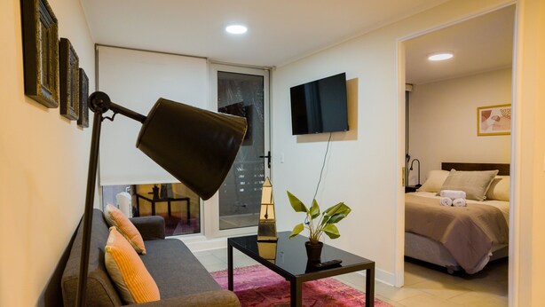 Ein modernes Wohnzimmer mit einer Couch, einem Couchtisch, einer Stehlampe und einem Blumentopf.