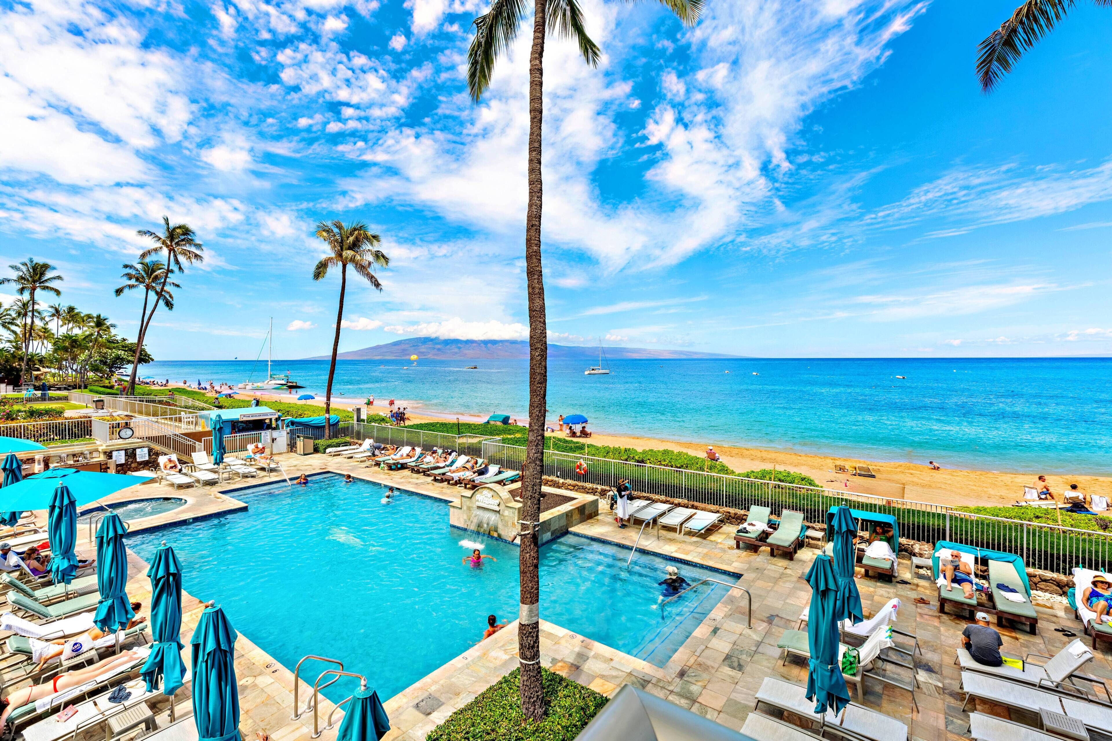A resort pool area with lounge chairs and umbrellas, overlooking a beach and ocean.