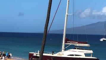 A beachside view with a sailboat named 'Hula Girl' anchored near the shore, a palm tree, and a clear blue sky.
