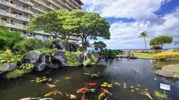 A koi pond with a waterfall, surrounded by lush greenery and a hotel building in the background.