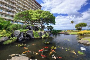 A koi pond with a waterfall, surrounded by lush greenery and a hotel building in the background. - 5th floor. Amazing ocean view. Premium Rated. New furniture and bed 2026. (Lahaina)