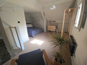 A bedroom with a bed, a dresser, a mirror, a potted plant, and a hanging light fixture.