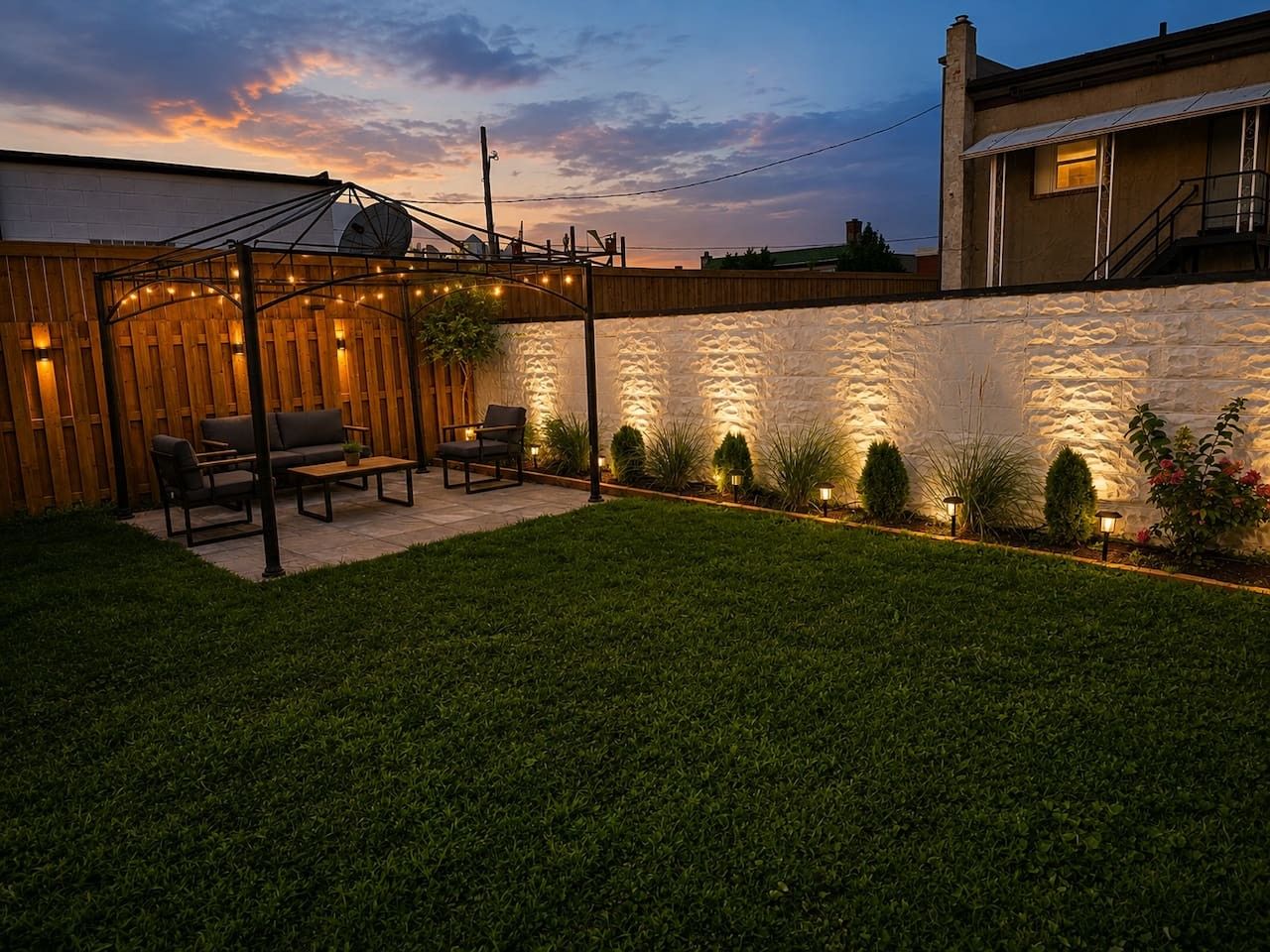A backyard with a seating area, a white wall with vertical lighting, and a wooden fence.