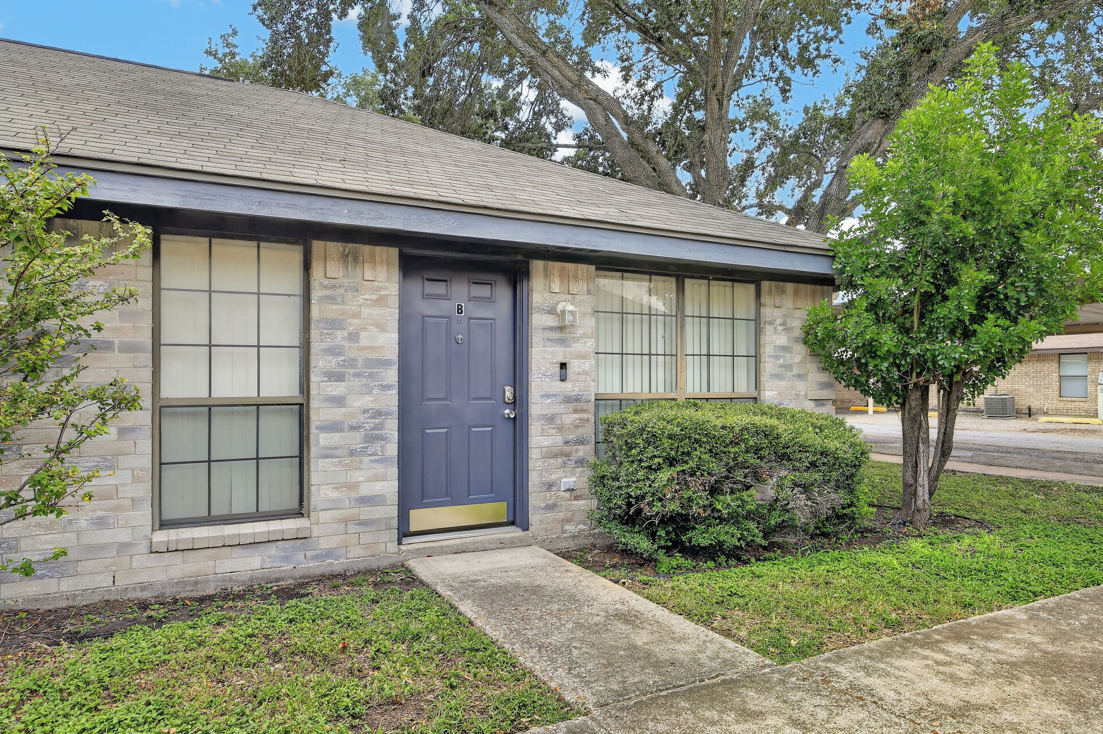A two-story building with a dark blue front door, large windows, and a small front yard with a tree and a bush.