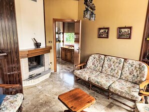 A living room with a sofa, a wooden coffee table, a fireplace, and a kitchen in the background.