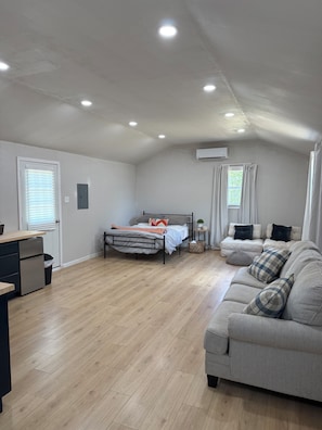 A spacious room with a bed, a sofa, a desk, and an air conditioning unit.