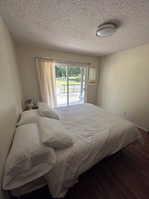 Un dormitorio con una cama, puerta corrediza de vidrio a un balcón y una lámpara en el techo.