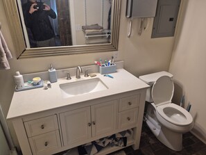 A bathroom with a sink, mirror, toilet, and storage cabinets.
