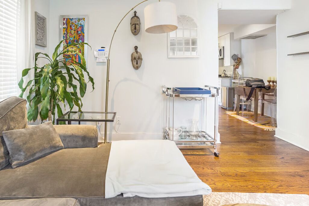 Una sala de estar moderna con un sofá, una planta grande y una mesa de vidrio transparente con una bandeja azul.