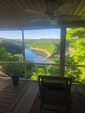 Una habitación con vistas a un río y bosque, un ventilador de techo, una silla y una planta en maceta.