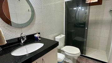 Hair dryer, towels, soap, toilet paper