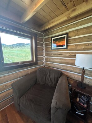A cozy room with a wooden log wall, a window with a view of a green landscape, a framed picture, and a small table with a lamp.