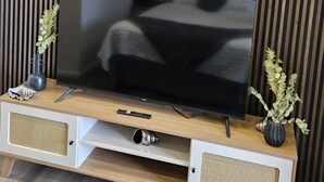 Un televisor de pantalla plana sobre un mueble de madera, con un panel de pared con listones detrás.