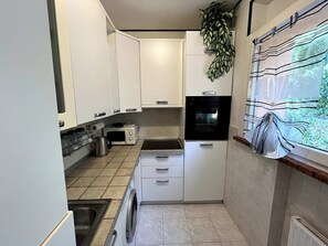A compact kitchen with white cabinets, a built-in oven, a microwave, and a sink. - Apartment with a 150-square-meter Private Terrace and Breathtaking Lake Views (Trentino-Alto Adige)