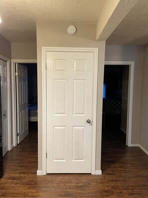 Un pasillo con puerta blanca, suelo de madera y una lámpara en el techo.