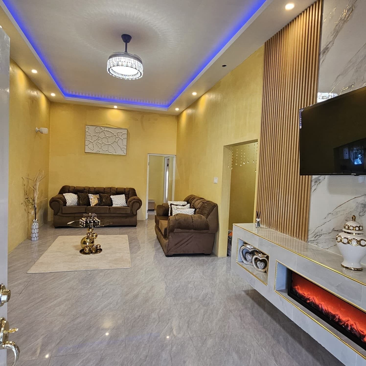 A modern living room with a fireplace, two sofas, a coffee table, and a television.