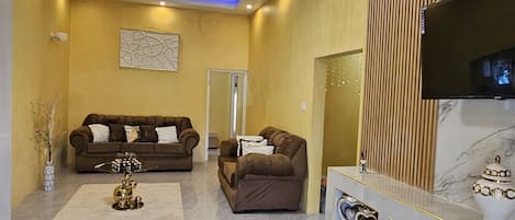 A modern living room with a fireplace, two sofas, a coffee table, and a television.