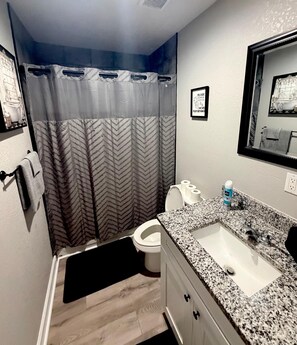 A bathroom with a shower curtain, toilet, sink, and a framed picture on the wall. - 2-bedroom apartment in peaceful Houston with AC for relaxing stays (Houston)