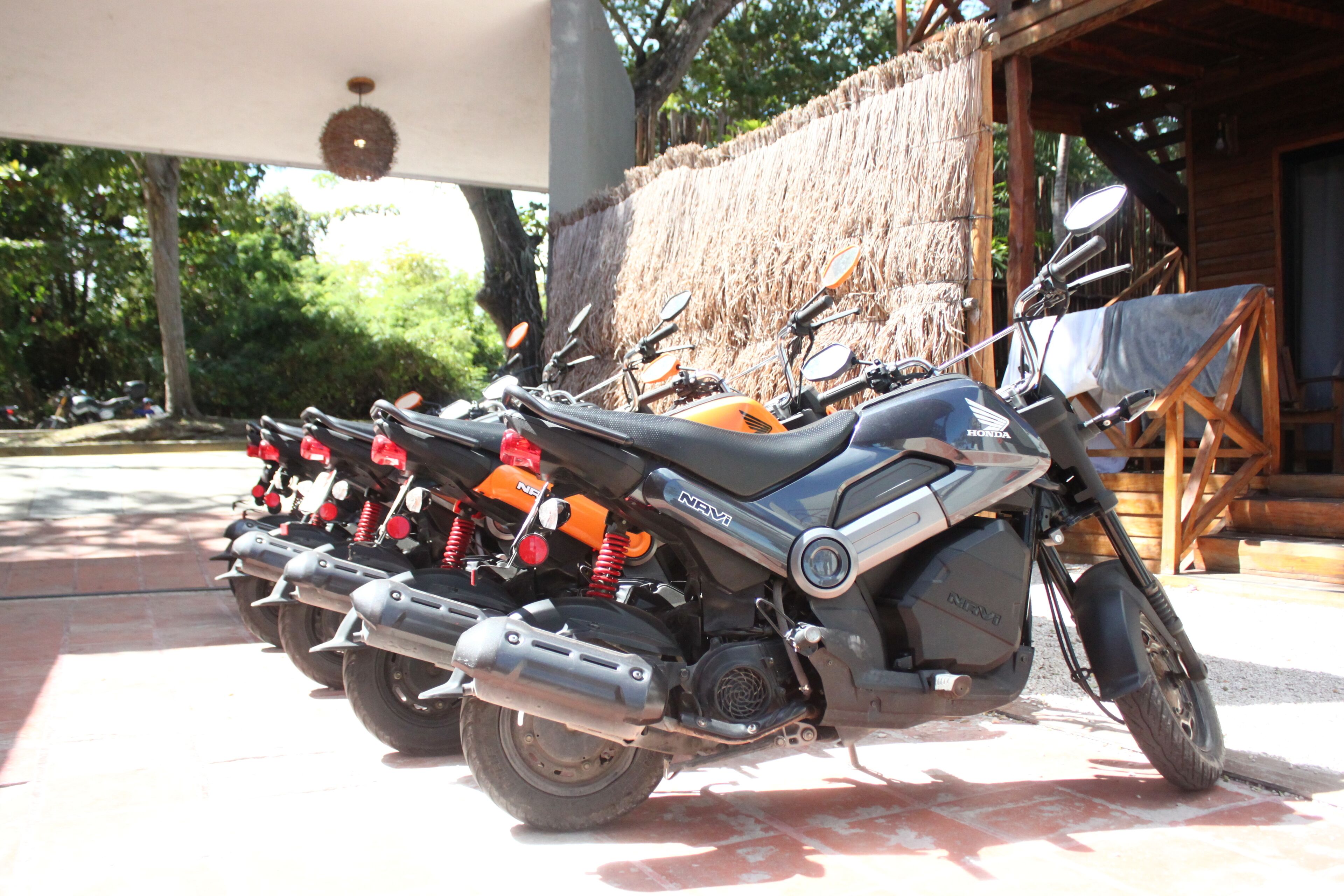 Una fila de motocicletas estacionadas frente a un edificio con techo de paja.