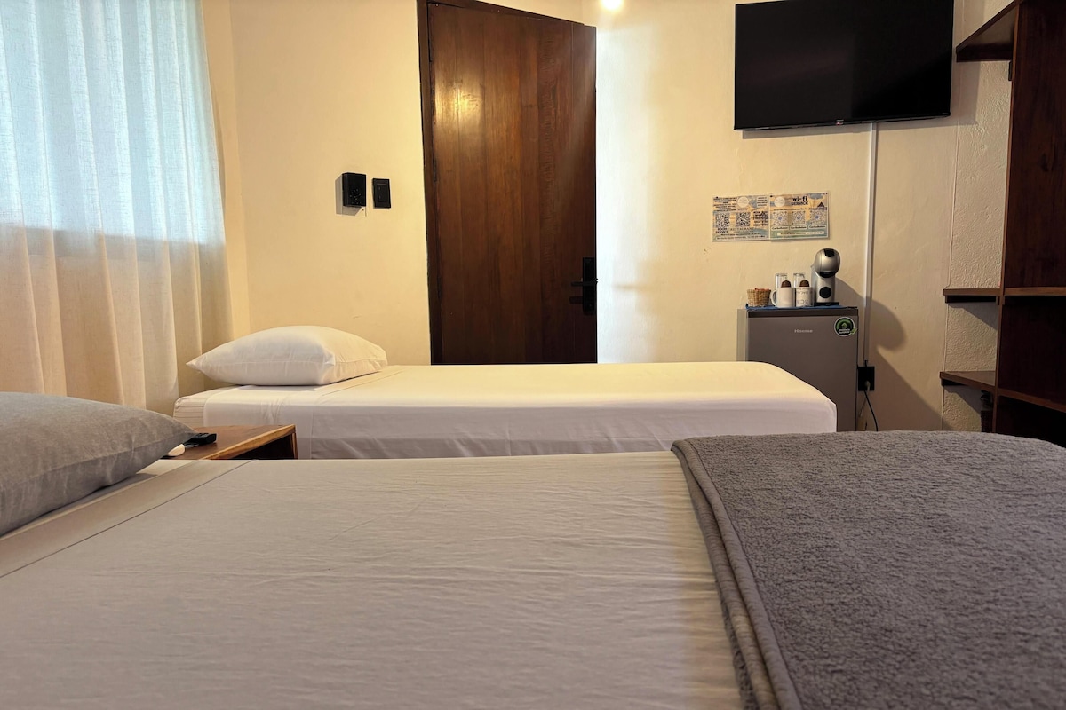 A hotel room with two beds, a television, a minibar, and a door.